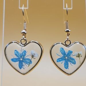 Gold Heart Earrings with Blue Floral Accents